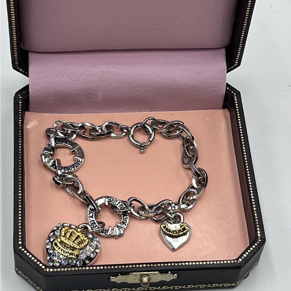 Juicy Couture Chain Bracelet Pave Crystal Silver Gold Tone Puff Heart Charms
